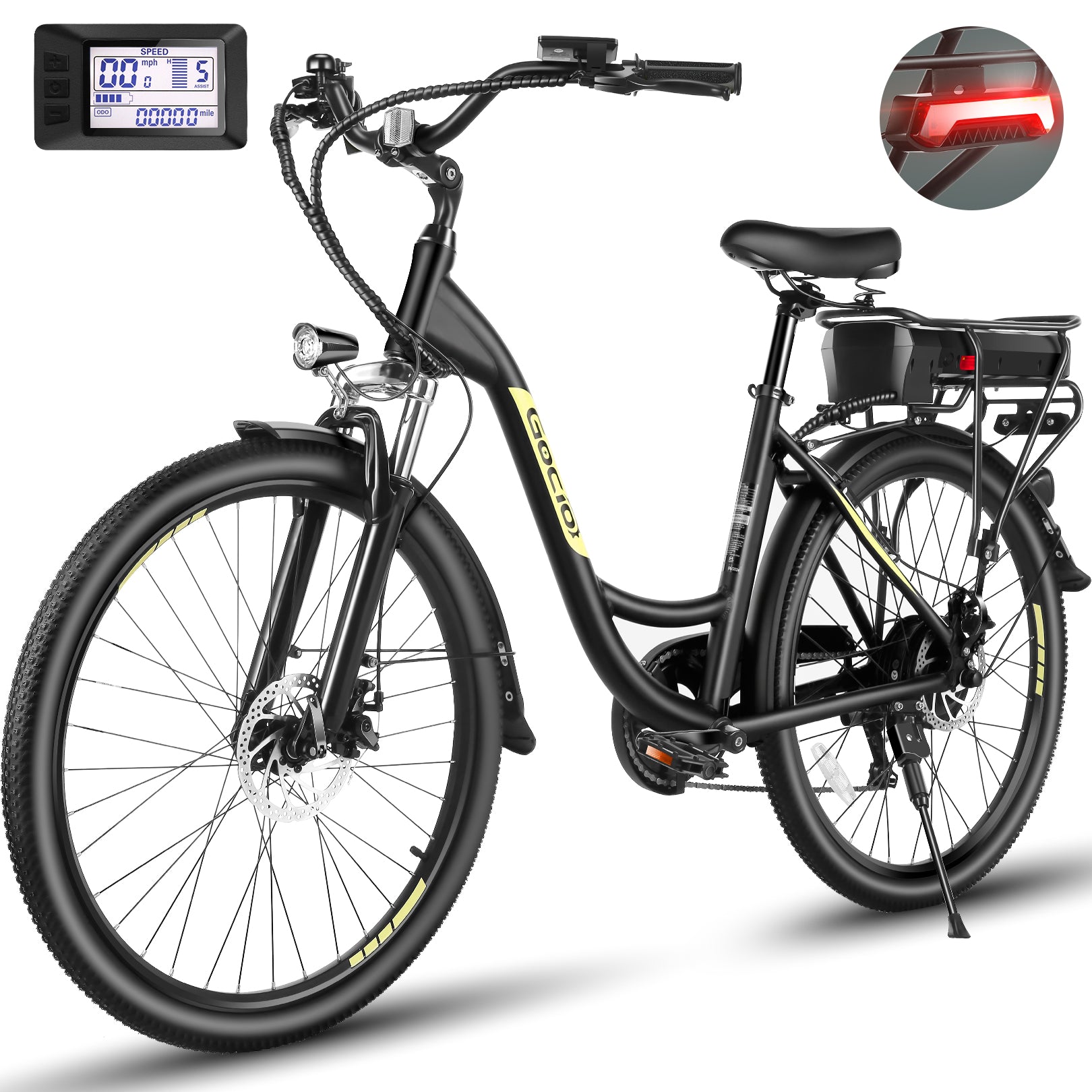 Gocio 26" Peak 700W Low Frame Electric Bike for Adults, Long-Lasting 48V 10.4Ah Battery, LCD Display, 5 Riding Modes, Headlight and Taillight, 7 Speeds Commuter Women Ebike, City Cruiser Ebike, Black - GOCIO