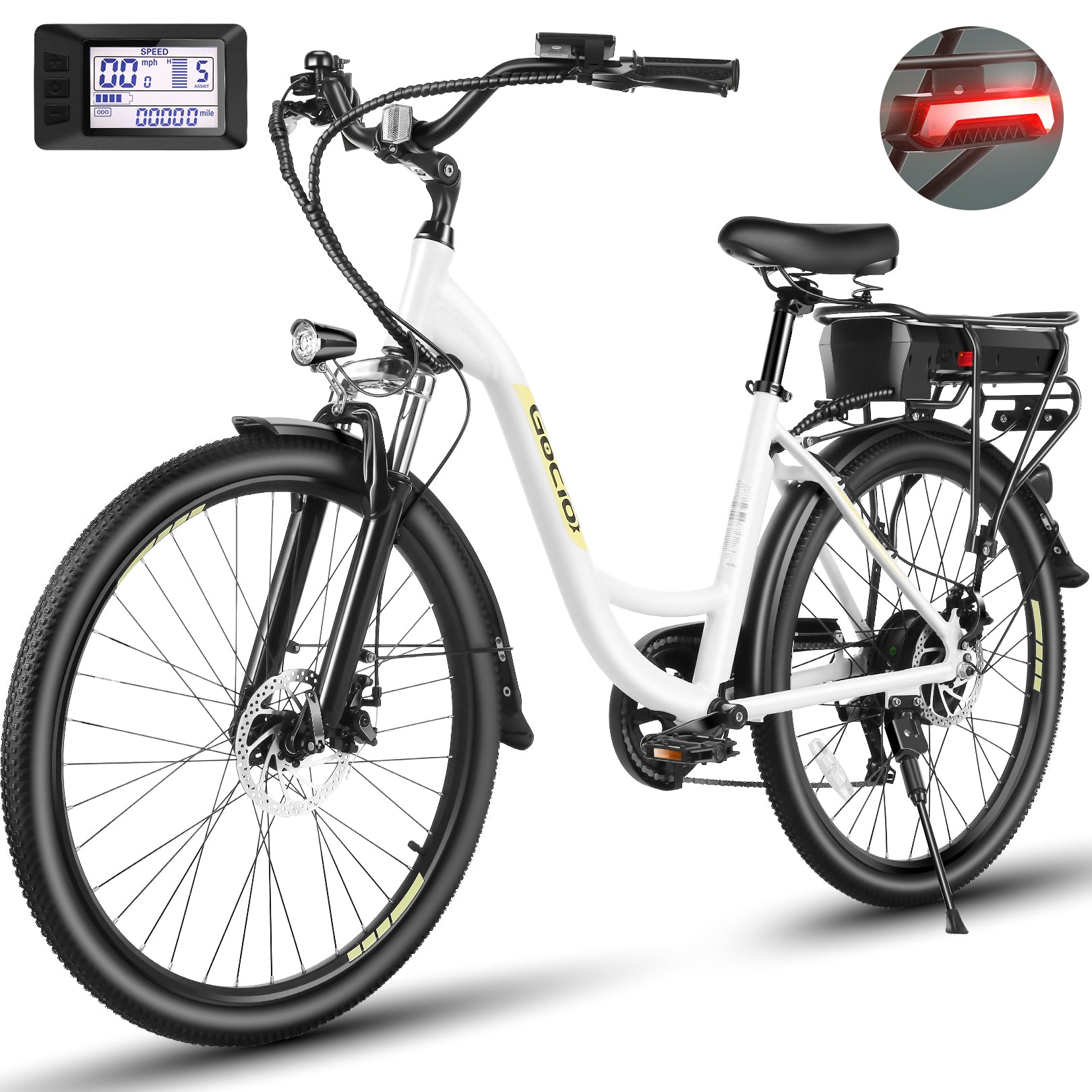Gocio 26" Peak 700W Low Frame Electric Bike for Adults, Long-Lasting 48V 10.4Ah Battery, LCD Display, 5 Riding Modes, Headlight and Taillight, 7 Speeds Commuter Women Ebike, City Cruiser Ebike, Black - GOCIO
