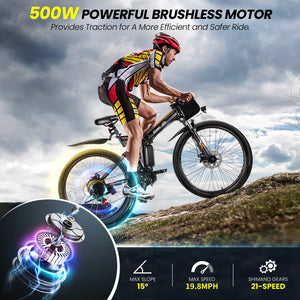 Gocio Electric Bike 500W Folding Electric Mountain Bike 26" Full Suspension Adult Electric Bike 21 Speed Max 19.8Mph with 48V 374.4Wh Battery UL2849 - GOCIO