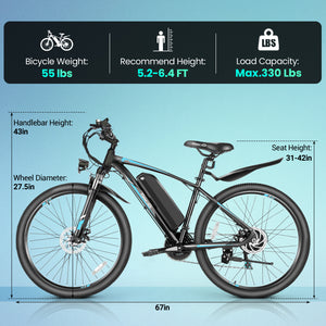 Gocio 500W 27.5" Electric Bike, Max 19.8mph Electric Mountain Bike 48V 10.4Ah Removable Battery Commuter Ebike for Adults, LCD Display Electric Bicycles, Shimano 21 Speed UL2849 Certified - GOCIO