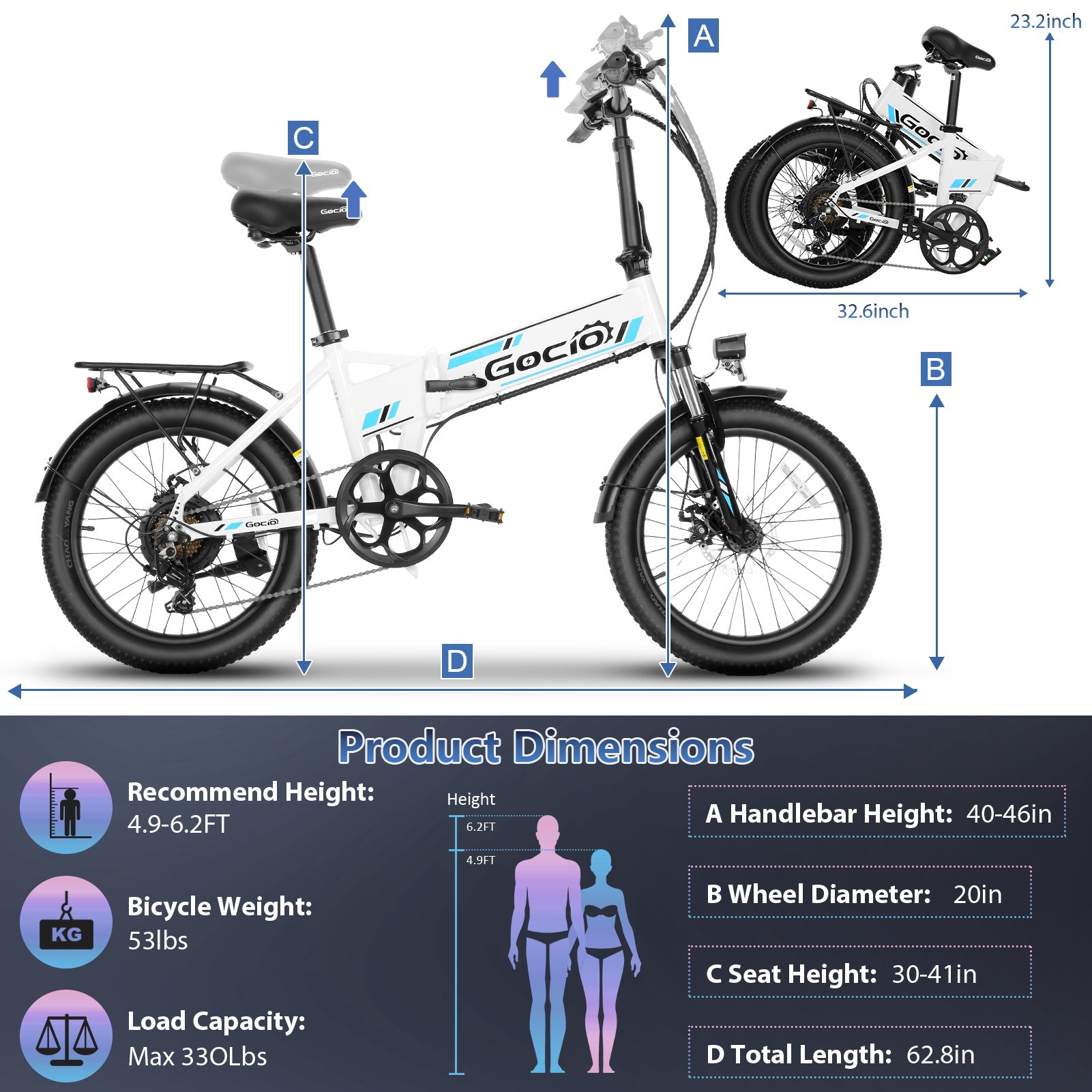 Gocio Foldable Electric Bike for Adults, Peak 750W Electric Mountain Bicycles, 20" * 2.4" Fat Tire Electric Bicycle, 375Wh 48V Removable Lithium-Ion Battery,Urban Commuter Ebike Man Woman UL2849 - GOCIO