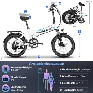 Gocio Foldable Electric Bike for Adults, Peak 750W Electric Mountain Bicycles, 20" * 2.4" Fat Tire Electric Bicycle, 375Wh 48V Removable Lithium-Ion Battery,Urban Commuter Ebike Man Woman UL2849 - GOCIO