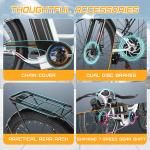 Gocio 26 in. Electric Bicycle 500W Electric Hybrid Bike, 48V Adjustable City Ebike for Adults, Suspension Fork, Max 19.8MPH, 7 Speed Gears Electric Commuter Bike for Men and Women, UL2849 - GOCIO