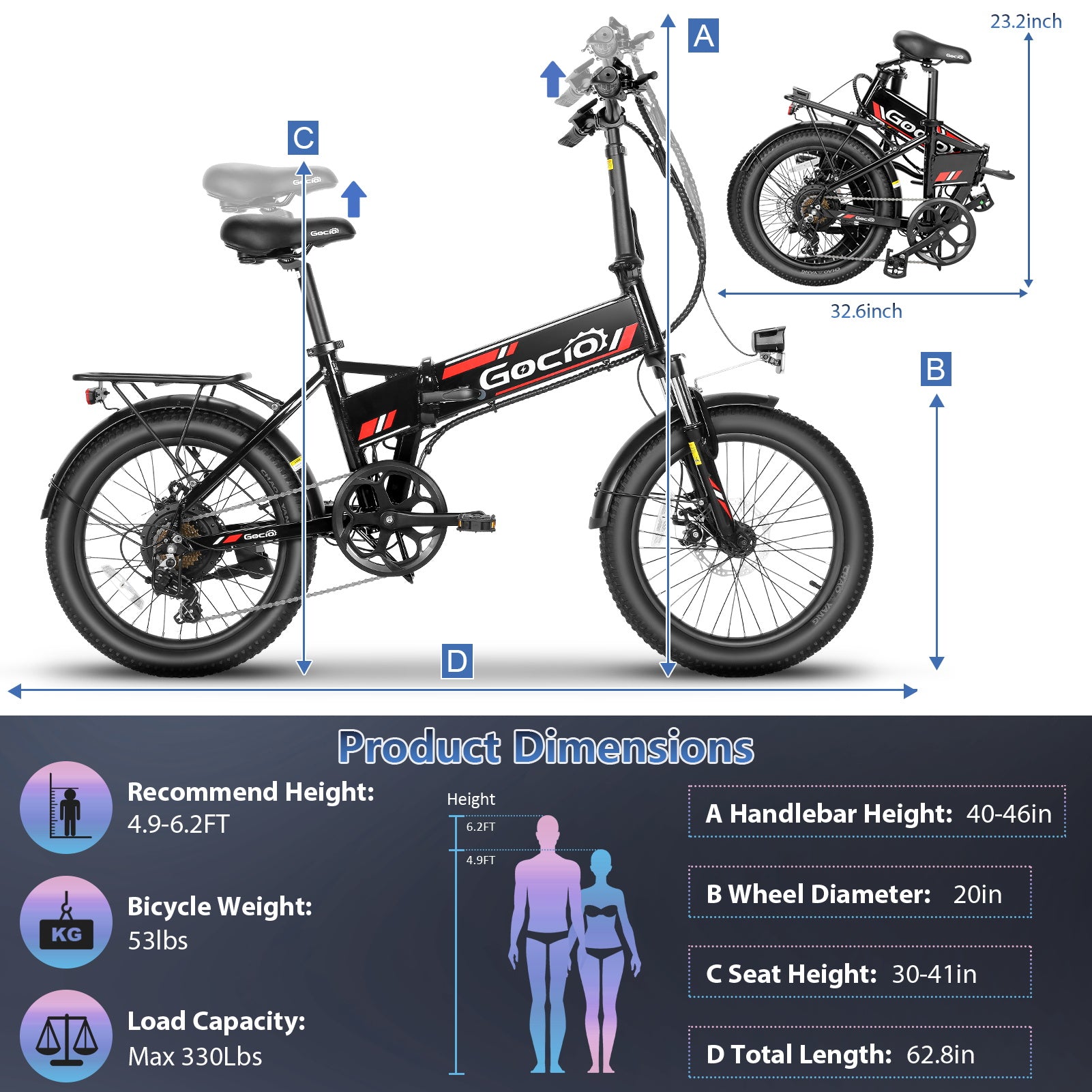 Gocio Foldable Electric Bike for Adults, Peak 750W Electric Mountain Bicycles, 20" * 2.4" Fat Tire Electric Bicycle, 375Wh 48V Removable Lithium-Ion Battery,Urban Commuter Ebike Man Woman UL2849 - GOCIO