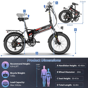 Gocio Foldable Electric Bike for Adults, Peak 750W Electric Mountain Bicycles, 20" * 2.4" Fat Tire Electric Bicycle, 375Wh 48V Removable Lithium-Ion Battery,Urban Commuter Ebike Man Woman UL2849 - GOCIO