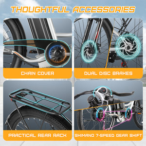 Gocio 26 in. Electric Bicycle 500W Electric Hybrid Bike, 48V Adjustable City Ebike for Adults, Suspension Fork, Max 19.8MPH, 7 Speed Gears Electric Commuter Bike for Men and Women, UL2849 - GOCIO