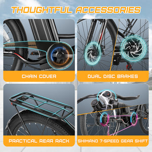 Gocio 26 in. Electric Bicycle 500W Electric Hybrid Bike, 48V Adjustable City Ebike for Adults, Suspension Fork, Max 19.8MPH, 7 Speed Gears Electric Commuter Bike for Men and Women, UL2849 - GOCIO