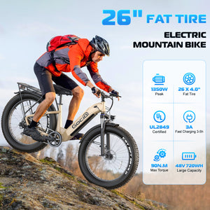 Gocio Electric Bike, 26" x 4.0 Fat Tire Ebike, 750W Motor Electric Mountain Bike for Adults, 22MPH Electric Bicycle for Men with 48V 15Ah Removable Battery UL 2849 Shimano 7 Speed - GOCIO