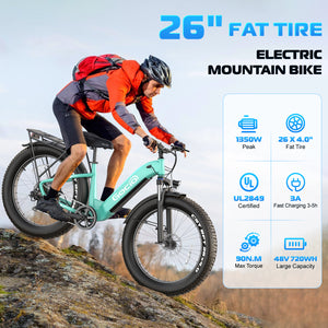 Gocio Electric Bike, 26" x 4.0 Fat Tire Ebike, 750W Motor Electric Mountain Bike for Adults, 22MPH Electric Bicycle for Men with 48V 15Ah Removable Battery UL 2849 Shimano 7 Speed - GOCIO