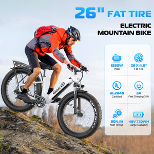 Gocio Electric Bike, 26" x 4.0 Fat Tire Ebike, 750W Motor Electric Mountain Bike for Adults, 22MPH Electric Bicycle for Men with 48V 15Ah Removable Battery UL 2849 Shimano 7 Speed - GOCIO
