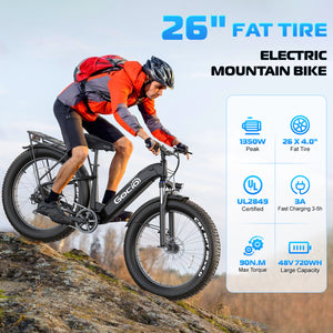 Gocio Electric Bike, 26" x 4.0 Fat Tire Ebike, 750W Motor Electric Mountain Bike for Adults, 22MPH Electric Bicycle for Men with 48V 15Ah Removable Battery UL 2849 Shimano 7 Speed - GOCIO