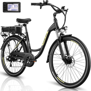 Gocio 26" Peak 700W Low Frame Electric Bike for Adults, Long-Lasting 48V 10.4Ah Battery, LCD Display, 5 Riding Modes, Headlight and Taillight, 7 Speeds Commuter Women Ebike, City Cruiser Ebike, Black - GOCIO