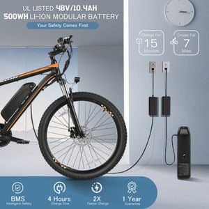 Gocio 500W 26" Electric Bike, 2.1" Electric Mountain Bike for Adults, 499Wh 48V 10.4Ah Battery 19.8MPH 3H Fast Charge Ebike, LCD Display, Lockable Suspension Fork, Shimano 21 Speed UL2849 - GOCIO