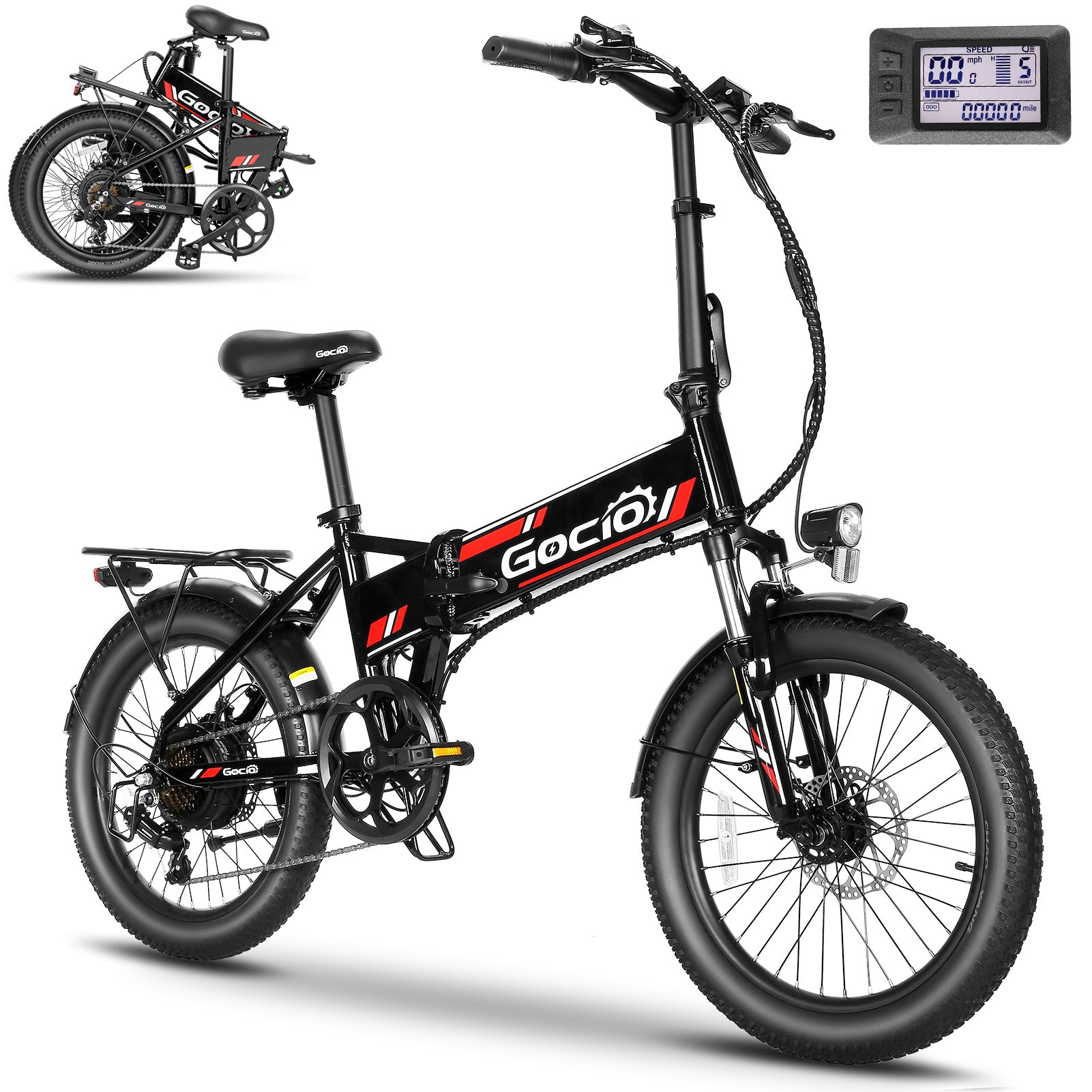Gocio Foldable Electric Bike for Adults, Peak 750W Electric Mountain Bicycles, 20" * 2.4" Fat Tire Electric Bicycle, 375Wh 48V Removable Lithium-Ion Battery,Urban Commuter Ebike Man Woman UL2849 - GOCIO