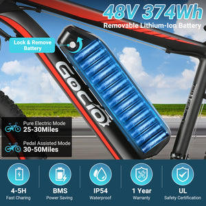 Gocio 26" x 2.1" Electric Bike 500W Electric Bike for Adults, Max 19.8mph Electric Mountain Bicycle, 48V 375Wh Battery Commuter Ebike, Lockable Suspension Fork, Shimano 21 Speed, UL 2849 Certified - GOCIO