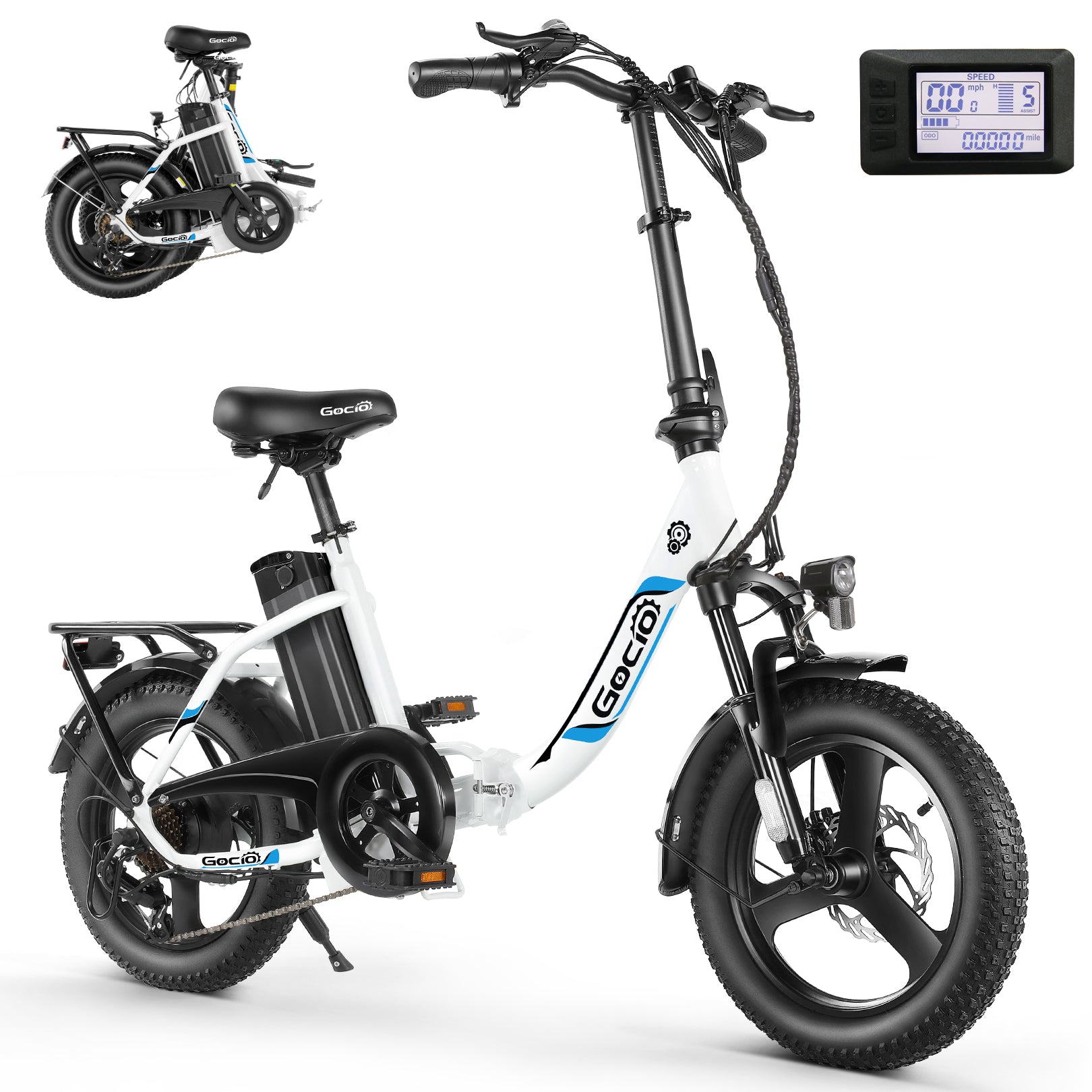 Gocio Electric Bike 3.0 Fat Tire Foldable Ebike, 48V 374.4Wh Battery, Peak 700W Folding Electric Bike, Lockable Suspension Fork, LCD, 16" One-Piece Tire Electric Bicycles for Women Adults UL2849 - GOCIO