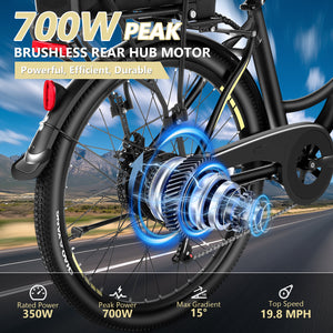 Gocio 26" Peak 700W Low Frame Electric Bike for Adults, Long-Lasting 48V 10.4Ah Battery, LCD Display, 5 Riding Modes, Headlight and Taillight, 7 Speeds Commuter Women Ebike, City Cruiser Ebike, Black - GOCIO