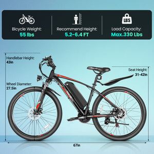 Gocio 500W 27.5" Electric Bike, Max 19.8mph Electric Mountain Bike 48V 10.4Ah Removable Battery Commuter Ebike for Adults, LCD Display Electric Bicycles, Shimano 21 Speed UL2849 Certified - GOCIO