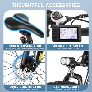 Gocio 500W 26" Electric Bike, 2.1" Electric Mountain Bike for Adults, 499Wh 48V 10.4Ah Battery 19.8MPH 3H Fast Charge Ebike, LCD Display, Lockable Suspension Fork, Shimano 21 Speed UL2849 - GOCIO