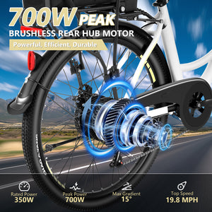 Gocio 26" Peak 700W Low Frame Electric Bike for Adults, Long-Lasting 48V 10.4Ah Battery, LCD Display, 5 Riding Modes, Headlight and Taillight, 7 Speeds Commuter Women Ebike, City Cruiser Ebike, Black - GOCIO