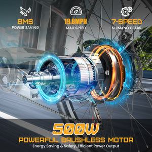 Gocio 26 in. Electric Bicycle 500W Electric Hybrid Bike, 48V Adjustable City Ebike for Adults, Suspension Fork, Max 19.8MPH, 7 Speed Gears Electric Commuter Bike for Men and Women, UL2849 - GOCIO