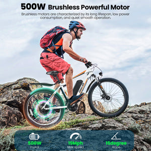 Gocio Electric Bike 500W Adult Electric Mountain Bike 26" Off Road Electric Bicycle 21 Speed Commuter E-Bike Max 19.8mph with 48V 375Wh Battery UL2849 - GOCIO