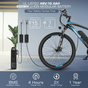 Gocio 27.5" Electric Bike, Peak 750W Electric Bike for Adults, 22mph Electric Mountain Bicycles, 48V 10.4Ah Battery Ebike UL 2849, Aluminum Alloy, Lockable Suspension Fork, Shimano 21 Speed - GOCIO