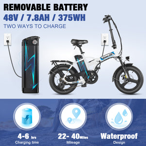 Gocio Peak 700W Electric Bike, 16" x 3.0 One-Piece Fat Tire Foldable Electric Bicycle for Adults Women, 48V 374.4Wh Removable Battery Ebikes, 20MPH Commuter E Bike for Teenager UL 2849 - GOCIO