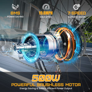 Gocio 26 in. Electric Bicycle 500W Electric Hybrid Bike, 48V Adjustable City Ebike for Adults, Suspension Fork, Max 19.8MPH, 7 Speed Gears Electric Commuter Bike for Men and Women, UL2849 - GOCIO