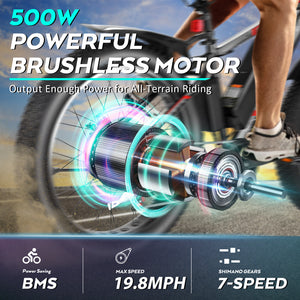 Gocio 26" 4.0 Fat Tire Electric Bike for Adults, 500W Adults E Bike, 48V 13Ah Battery, Max 22Mph Electric Mountain Bike Beach Bicycle Snow Bike Ebike for Men, Professional 7-Speed UL2849 - GOCIO