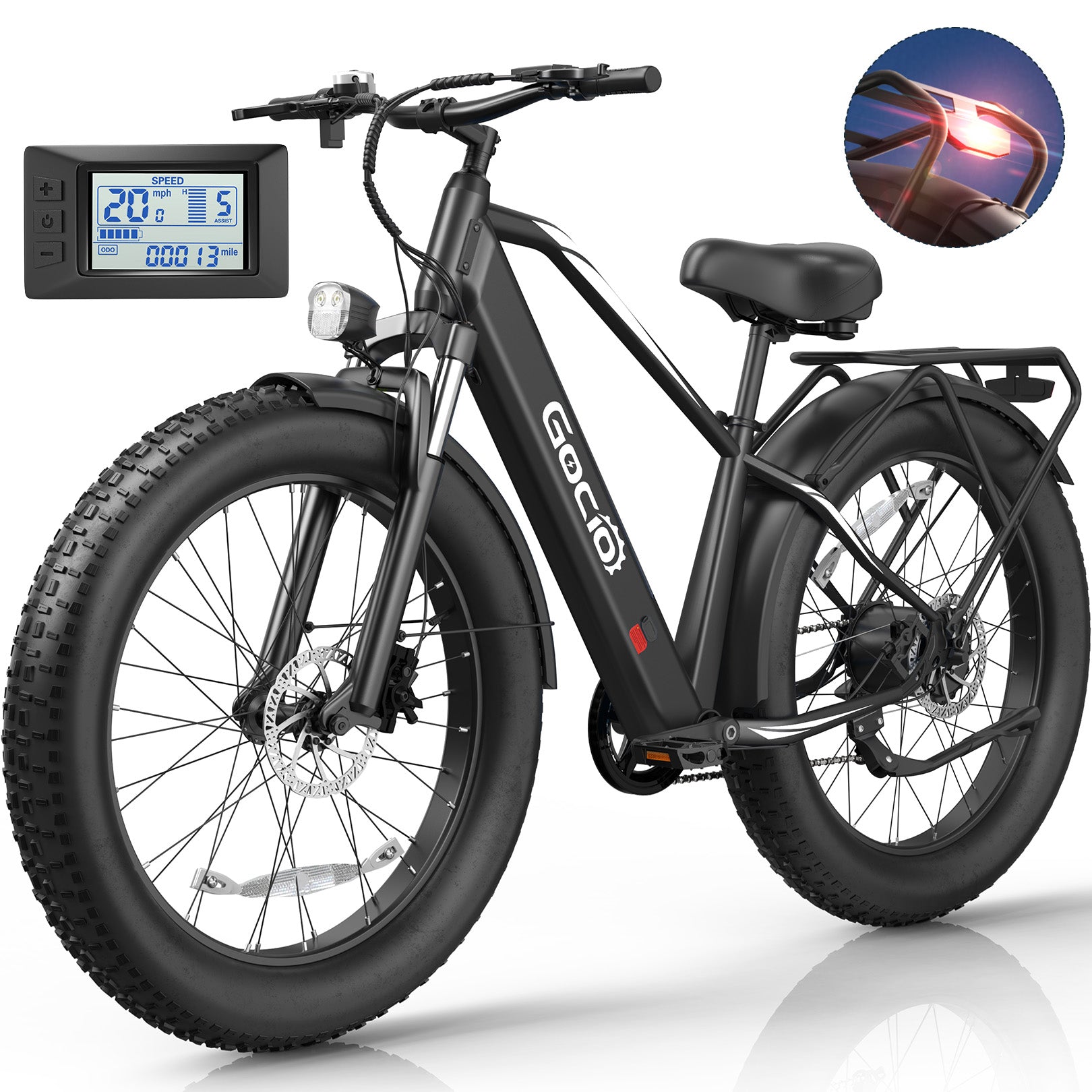 Gocio Peak 1000W Electric Mountain Bike, 26" x 4.0" Fat Tire Electric Bike, 48V 15Ah Battery, 28MPH Adult Electric Bicycle with Taillight, Control Cruise Mode, Ebike for Off Road, Sand, Snow, UL2849 - GOCIO