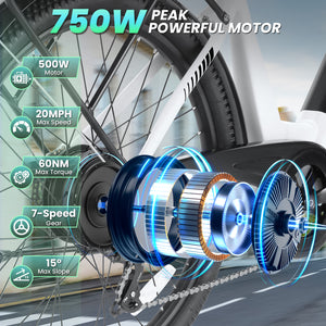 Gocio Peak 750W Electric Bike For Adults, 26" x 2.1" Step Thru Electric Bicycle, 48V 499Wh Waterproof Battery, Lockable Suspension Fork, LCD, Cruiser Ebike, Max 19.8Mph Commuter E-Bike UL2849 - GOCIO