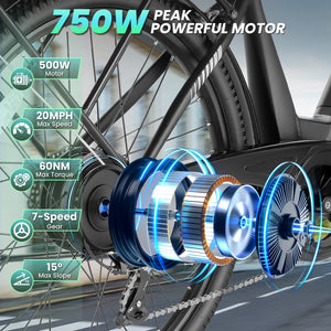 Gocio Peak 750W Electric Bike For Adults, 26" x 2.1" Step Thru Electric Bicycle, 48V 499Wh Waterproof Battery, Lockable Suspension Fork, LCD, Cruiser Ebike, Max 19.8Mph Commuter E-Bike UL2849 - GOCIO