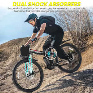 Gocio Electric Bike 500W Folding Electric Mountain Bike 26" Full Suspension Adult Electric Bike 21 Speed Max 19.8Mph with 48V 374.4Wh Battery UL2849 - GOCIO