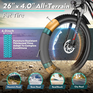Gocio Electric Bike 500W Fat Tire Electric Bike for Adults 26 4.0" All Terrain Off Road Electric Mountain Bike Max 22Mph with 48V 13Ah Battery UL2849 - GOCIO