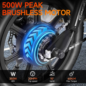 Gocio 14" Foldable Electric Bike, 375Wh 48V Electric Bicycles for Adults Women Teens, Peak 500W City Commuter Cruiser Ebikes, LED Display, E bike One-Piece Tire with 5 Riding Modes UL2849 - GOCIO