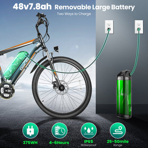 Gocio Electric Bike 500W Adult Electric Mountain Bike 26" Off Road Electric Bicycle 21 Speed Commuter E-Bike Max 19.8mph with 48V 375Wh Battery UL2849 - GOCIO