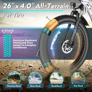 Gocio 26" 4.0 Fat Tire Electric Bike for Adults, 500W Adults E Bike, 48V 13Ah Battery, Max 22Mph Electric Mountain Bike Beach Bicycle Snow Bike Ebike for Men, Professional 7-Speed UL2849 - GOCIO
