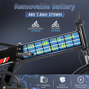 Gocio Foldable Electric Bike for Adults, Peak 750W Electric Mountain Bicycles, 20" * 2.4" Fat Tire Electric Bicycle, 375Wh 48V Removable Lithium-Ion Battery,Urban Commuter Ebike Man Woman UL2849 - GOCIO