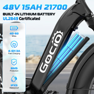 Gocio Electric Bike, 26" x 4.0 Fat Tire Ebike, 750W Motor Electric Mountain Bike for Adults, 22MPH Electric Bicycle for Men with 48V 15Ah Removable Battery UL 2849 Shimano 7 Speed - GOCIO