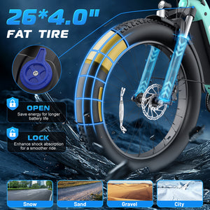 Gocio Electric Bike, 26" x 4.0 Fat Tire Ebike, 750W Motor Electric Mountain Bike for Adults, 22MPH Electric Bicycle for Men with 48V 15Ah Removable Battery UL 2849 Shimano 7 Speed - GOCIO