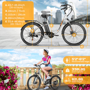 Gocio 26 in. Electric Bicycle 500W Electric Hybrid Bike, 48V Adjustable City Ebike for Adults, Suspension Fork, Max 19.8MPH, 7 Speed Gears Electric Commuter Bike for Men and Women, UL2849 - GOCIO