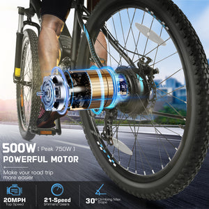 Gocio 500W 26" Electric Bike, 2.1" Electric Mountain Bike for Adults, 499Wh 48V 10.4Ah Battery 19.8MPH 3H Fast Charge Ebike, LCD Display, Lockable Suspension Fork, Shimano 21 Speed UL2849 - GOCIO