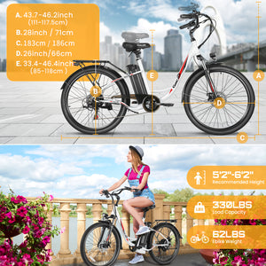 Gocio 26 in. Electric Bicycle 500W Electric Hybrid Bike, 48V Adjustable City Ebike for Adults, Suspension Fork, Max 19.8MPH, 7 Speed Gears Electric Commuter Bike for Men and Women, UL2849 - GOCIO
