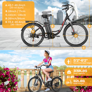Gocio 26 in. Electric Bicycle 500W Electric Hybrid Bike, 48V Adjustable City Ebike for Adults, Suspension Fork, Max 19.8MPH, 7 Speed Gears Electric Commuter Bike for Men and Women, UL2849 - GOCIO
