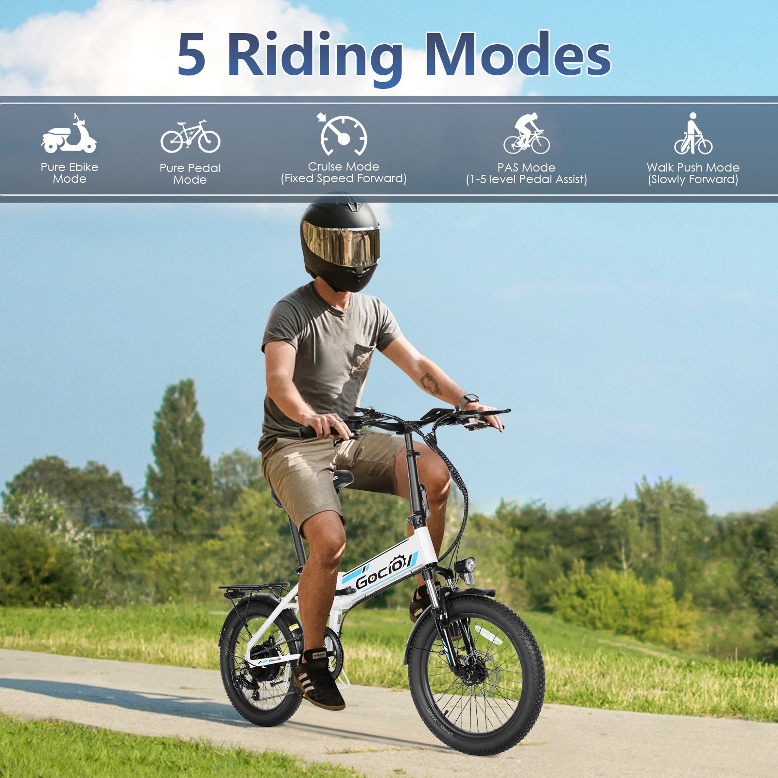 Gocio Foldable Electric Bike for Adults, Peak 750W Electric Mountain Bicycles, 20" * 2.4" Fat Tire Electric Bicycle, 375Wh 48V Removable Lithium-Ion Battery,Urban Commuter Ebike Man Woman UL2849 - GOCIO