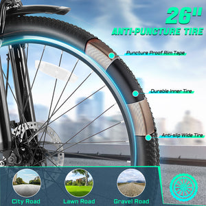 Gocio 500W 26" Electric Bike 48V Electric Bicycle for Adults, 19.8mph Cruiser Ebike, Electric Commuter Bike with Carrier Rack, Low Step Frame Shimano 7 Speed for Men Women Senior UL 2849 - GOCIO