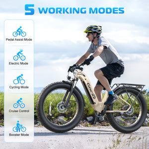 Gocio Electric Bike, 26" x 4.0 Fat Tire Ebike, 750W Motor Electric Mountain Bike for Adults, 22MPH Electric Bicycle for Men with 48V 15Ah Removable Battery UL 2849 Shimano 7 Speed - GOCIO