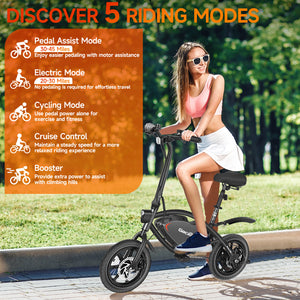 Gocio 14" Foldable Electric Bike, 375Wh 48V Electric Bicycles for Adults Women Teens, Peak 500W City Commuter Cruiser Ebikes, LED Display, E bike One-Piece Tire with 5 Riding Modes UL2849 - GOCIO