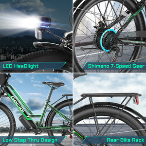 Gocio 500W 26" Electric Bike 48V Electric Bicycle for Adults, 19.8mph Cruiser Ebike, Electric Commuter Bike with Carrier Rack, Low Step Frame Shimano 7 Speed for Men Women Senior UL 2849 - GOCIO